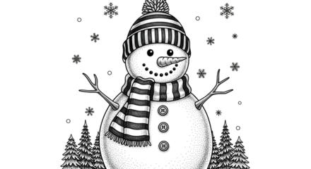 A detailed black and white illustration of a snowman with a striped hat and scarf, surrounded by snowflakes and pine trees isolated on transparent background
