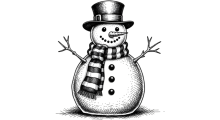A charming black and white drawing of a snowman wearing a top hat and a striped scarf, with a friendly expression isolated on transparent background