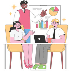 Diverse Team Collaborating on Business Strategy Presentation with Charts and Graphs in a Modern Office Setting