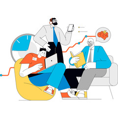 Diverse team collaborating on a project with laptop and analytics chart showing upward trend in a bright clean environment symbolizing innovation and strategic planning