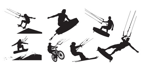 Kitesurfer Sports Silhouette Vector Pack. Extreme Surfing, Cycling, Skiing and Skateboarding Clip Art on White Background.