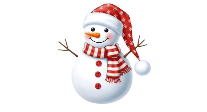 A cheerful snowman wearing a red and white striped santa hat and scarf, isolated on transparent background