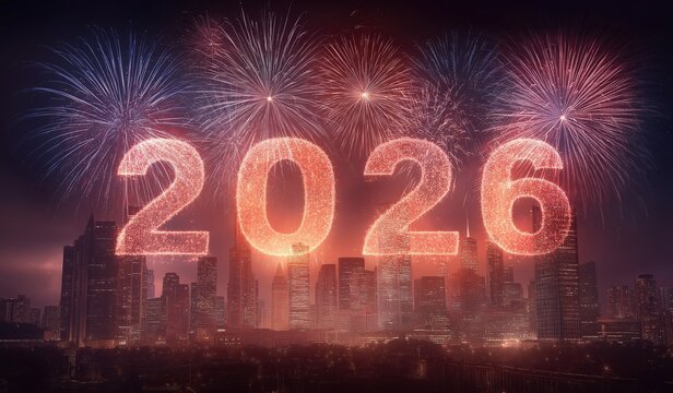 Fireworks display forming the shape of the numbers 2026 over a city skyline creating a vibrant festive atmosphere for New Years celebration