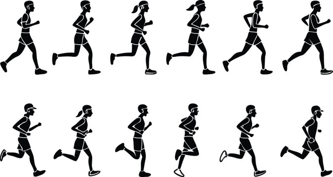 Dynamic runners in silhouette capture the energy of motion for fitness and sports themes