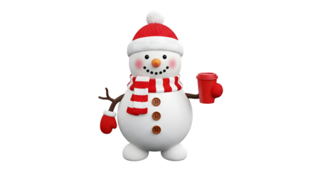 A cute, smiling snowman with a red and white striped scarf and hat, holding a red cup, isolated on transparent background
