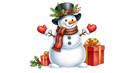 A cheerful snowman wearing a black top hat adorned with holly and a red and green plaid scarf, standing with arms outstretched and surrounded by festive red gift boxes, isolated on transparent backgro