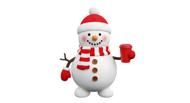 A cute, smiling snowman with a red and white striped scarf and hat, holding a red cup, isolated on transparent background