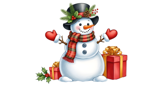 A cheerful snowman wearing a black top hat adorned with holly and a red and green plaid scarf, standing with arms outstretched and surrounded by festive red gift boxes, isolated on transparent backgro