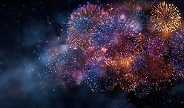 An enchanting background of colorful fireworks illuminating the night sky, creating a joyful atmosphere for New Years Day celebration and festivities