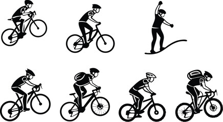 Naklejka premium Cycling icon set with various rider poses. Includes cycling, bike, rider, motion, and sports illustrations. Created in line style with black and white palette.