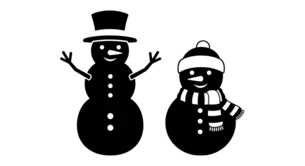 Black silhouette of two snowmen, one tall with a top hat and one shorter with a beanie, isolated on transparent background