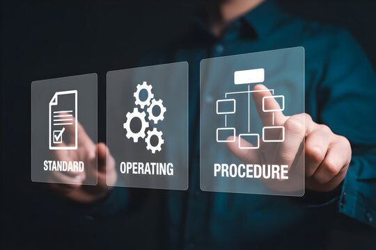 Man interacting with Standard Operating Procedure SOP virtual interface for business process
