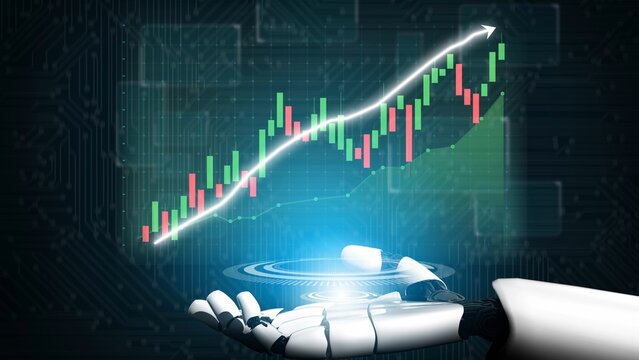 A futuristic robotic hand interacts with digital stock market data, exemplifying the intersection of technology and finance, and representing investment growth potential. Copula - Powered by Adobe