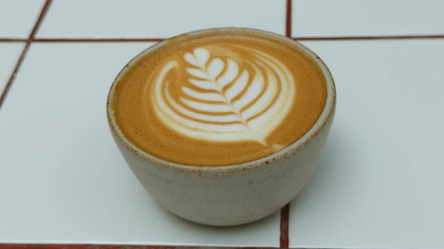 A soothing, close-up view of a professional barista skillfully creating an intricate latte art pattern, such as a heart or fern, using steamed milk in a textured beige ceramic coffee cup. The warm ton