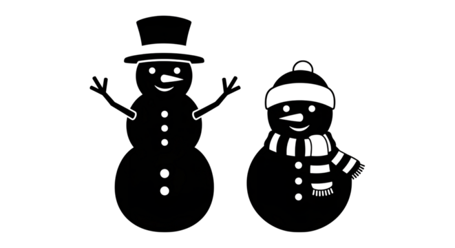 Black silhouette of two snowmen, one tall with a top hat and one shorter with a beanie, isolated on transparent background