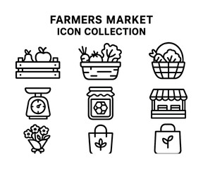 Vector Farmers market icon set: vegetables, scale, jam, storefront basket, flowers, tote