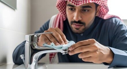 A man wearing traditional Middle Eastern attire carefully inspecting a faucet with a cloth in a modern kitchen setting