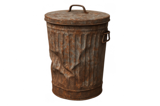 Old, corroded metal garbage can with a lid, showing significant rust and dents, on a transparent background