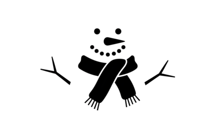 Simple black and white illustration of a snowman with a scarf on a transparent background