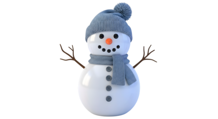 A cute 3d rendered snowman with a blue knitted hat and scarf, standing against a plain transparent background, isolated on transparent background