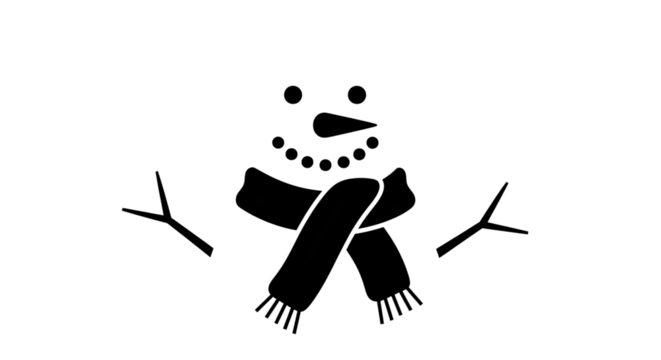 Simple black and white illustration of a snowman with a scarf on a transparent background - Powered by Adobe