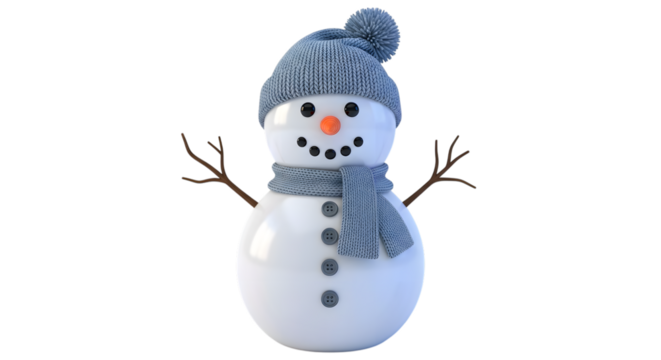 A cute 3d rendered snowman with a blue knitted hat and scarf, standing against a plain transparent background, isolated on transparent background