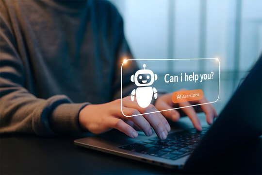 Person typing on laptop with AI assistant chatbot interface overlay and question bubble