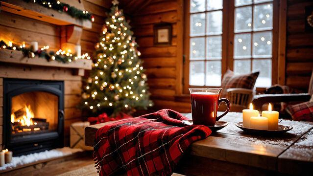 Winterliche Gem&uuml;tlichkeit: Hei&szlig;getr&auml;nk, karierte Decke und Kerzen vor Kamin und Weihnachtsbaum