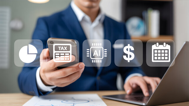 Businessman using phone with financial, tax, AI, and dollar icon overlay for accounting - Powered by Adobe