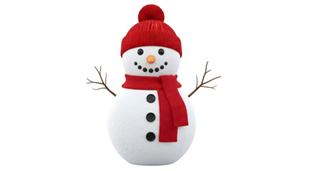 A cheerful snowman wearing a red knitted hat and scarf, with twig arms and black button eyes and smile, isolated on transparent background