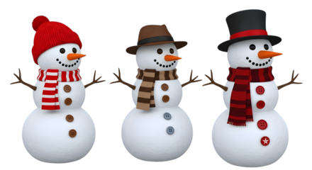 Three cheerful snowmen wearing hats and scarves, isolated on transparent background