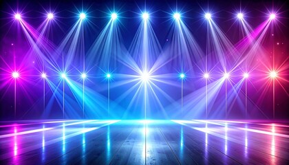 Vibrant blue and purple stage spotlights with glowing reflections on a wooden floor, creating an energetic concert or event background.