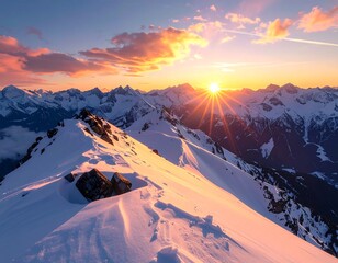 A breathtaking mountain range bathed in the golden light of the setting sun, revealing snow-capped peaks