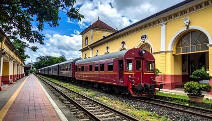 Red Train at Hue Railway Station, Vietnam.