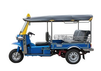 Bright blue three wheeled tuk tuk taxi isolated on white background