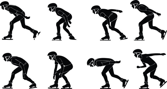 Dynamic speed skaters in action poses showcase athletic movement and competitive spirit for sports promotion