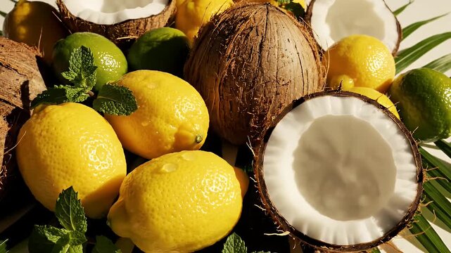 Vibrant Tropical Fruits Arrangement Of Fresh Lemons Limes Coconuts And Mint Leaves With Green Palm Fronds On White Surface With Natural Sunlight Illumination