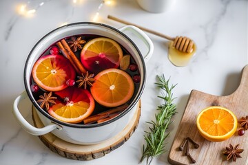 Cozy Winter Kitchen Flat Lay with Simmering Mulled Wine in Enamel Pot 