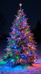 Colorful outdoor Christmas tree glowing at night