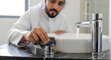A man in a white shirt cleaning a modern bathroom sink with a cloth in a well-lit space