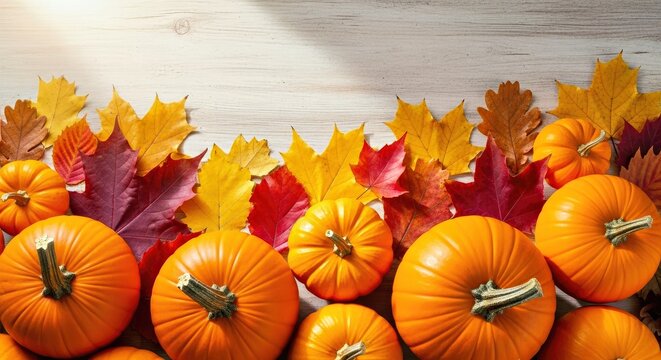 Glowing Orange Autumn Pumpkins and Vibrant Fall Leaves on a Rustic Wooden Background - Powered by Adobe