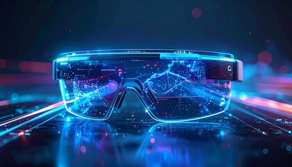 "Abstract concept of AR smart glasses technology in the future, light trails and holographic UI floating around sleek glasses, digital innovation theme, high detail, cinematic lighting"