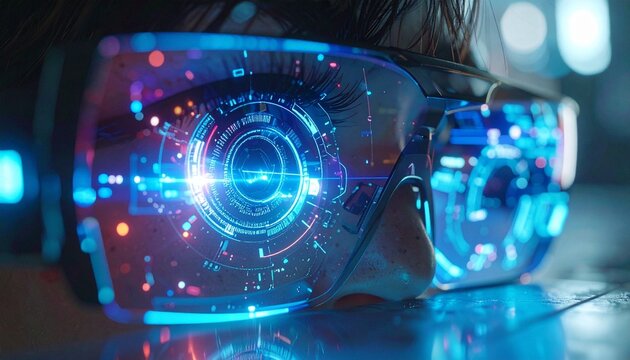 Close-up of futuristic smart glasses projecting holographic UI icons, biometric scan reflections on lens, concept of augmented reality vision, cinematic light and shadow" - Powered by Adobe