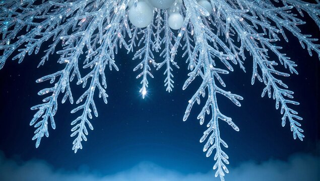 Frosty Christmas pine branches on blue background - Powered by Adobe