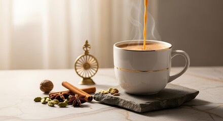 Steaming Masala Chai Poured into Elegant Cup with Aromatic Spices perfect for Food blog, recipe website, cafe menu, beverage