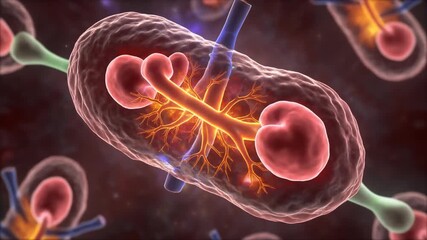 A cinematic 3D rendering of a virtual bacterium, showcasing its internal neural network and bio-circuits, an AI biology concept - Powered by Adobe