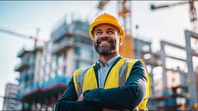 Portrait of a successful architect man wearing a hard hat at a construction site