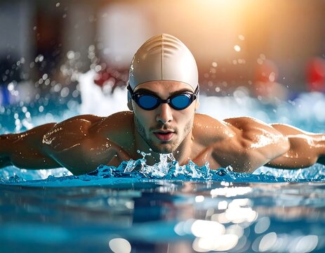A muscular athlete, in a cap and goggles, powerfully propels himself through turquoise water, sunlight at the top
