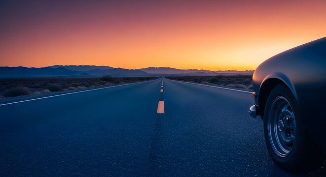 Classic Car on an Empty Desert Road at Sunset perfect for website banner, travel blog, album cover, social media post, advertising