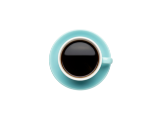 Top view of black coffee in a light blue cup on black background perfect for morning motivation and creative work